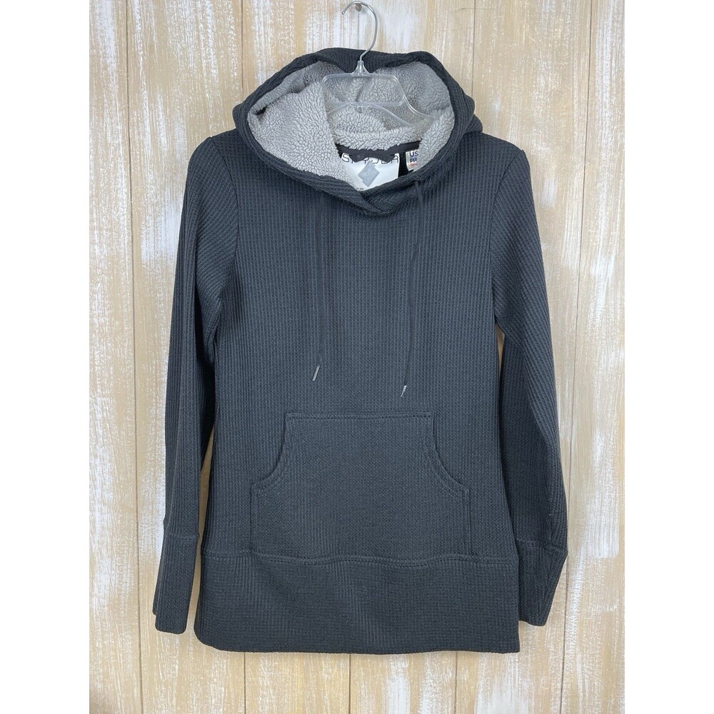 Spyder US Ski Team Waffle Knit Pullover Hoodie Womens S Black Plush Hood Sweater